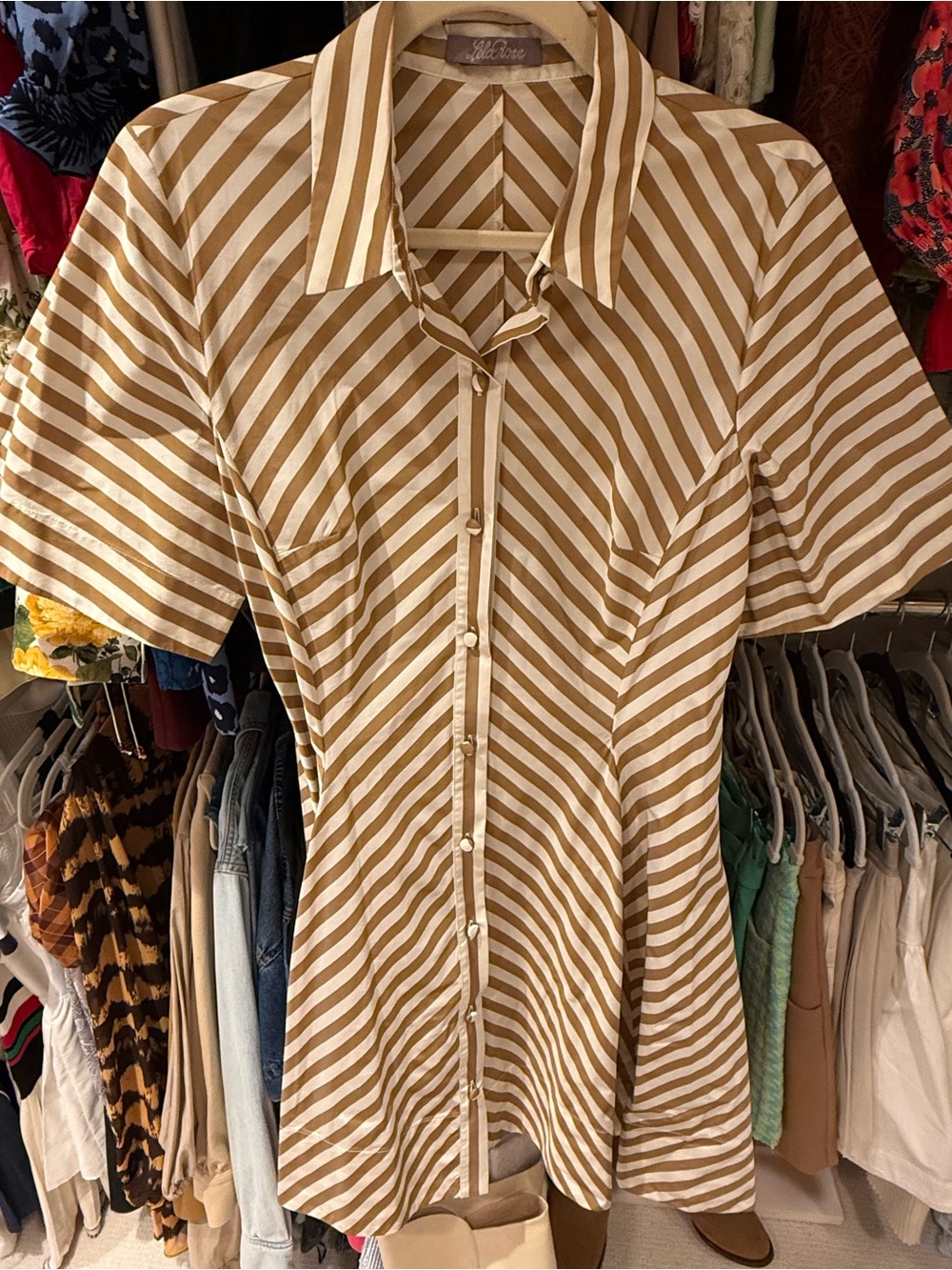 Lela Rose Beige and White Striped Button-Front Midi Dress